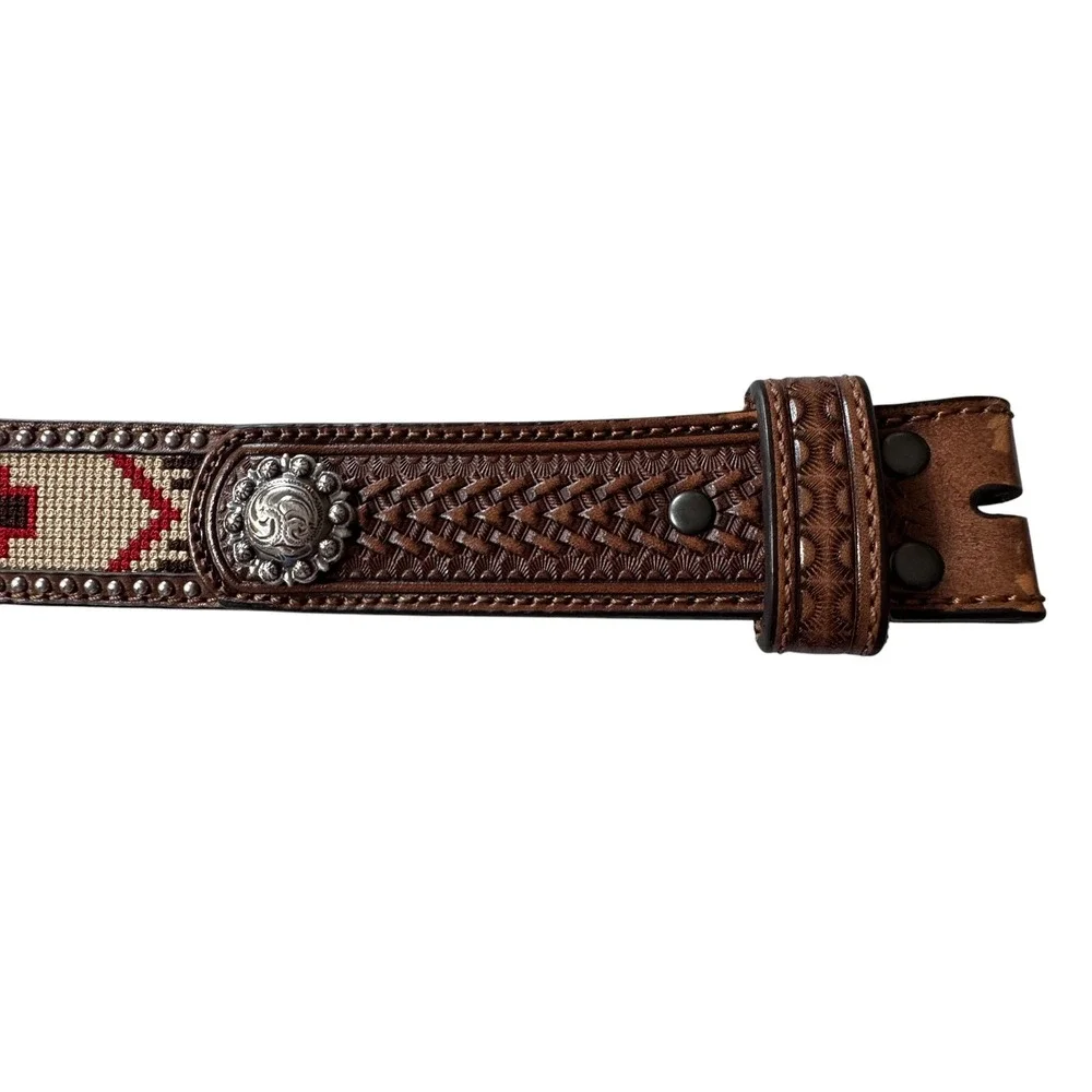 Unbranded Western Belt Unisex Brown Excellent Tooled Leather Woven Studs Concho